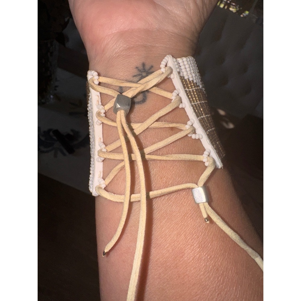 Beaded Cuff Bracelet Gold White Boho Adjustable - Picture 3 of 5